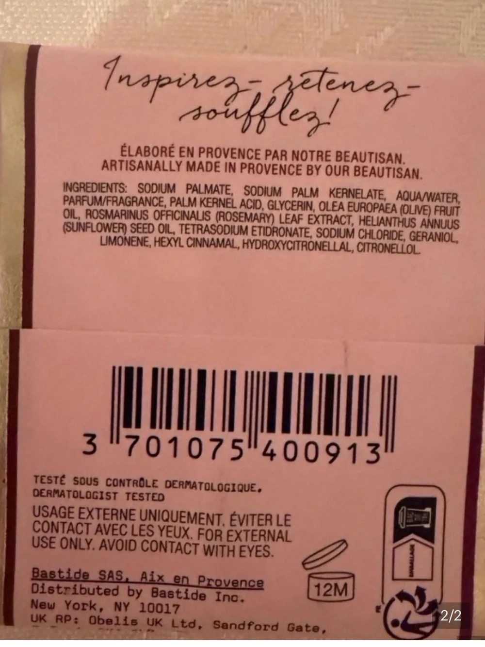 Bastide Savon de Provence Rose Provence Soap Bar, Dermatologist Tested, 1.7 oz